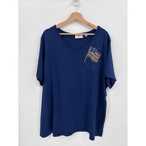 Quacker Factory Womens Navy Blue American Flag T Shirt Size 3X Rhinestones USA